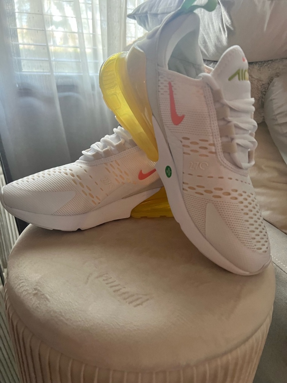 Nike White Sneakers with coral Pink Swoosh and Yellow Air Heel